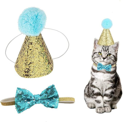 Christmas Pet Party Jazz Hat and Blingbling Bow Tie Breakaway Collar Set, Adjustable Headband for Kitten Puppy Small Dogs Cats (01 Light Blue)