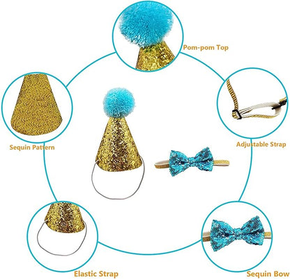 Christmas Pet Party Jazz Hat and Blingbling Bow Tie Breakaway Collar Set, Adjustable Headband for Kitten Puppy Small Dogs Cats (Light Blue+Number)