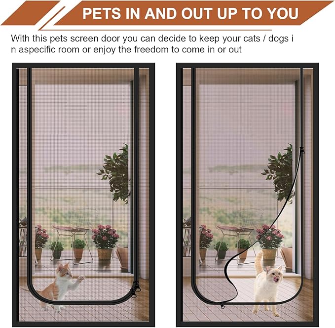 Dixutzi Reinforced Cat Screen Door Fits Door Size 34''x 80'', Heavy Duty Pets Proof Screen Door with Zipper, Prevent Dogs Cats Running Out from Home (Black)