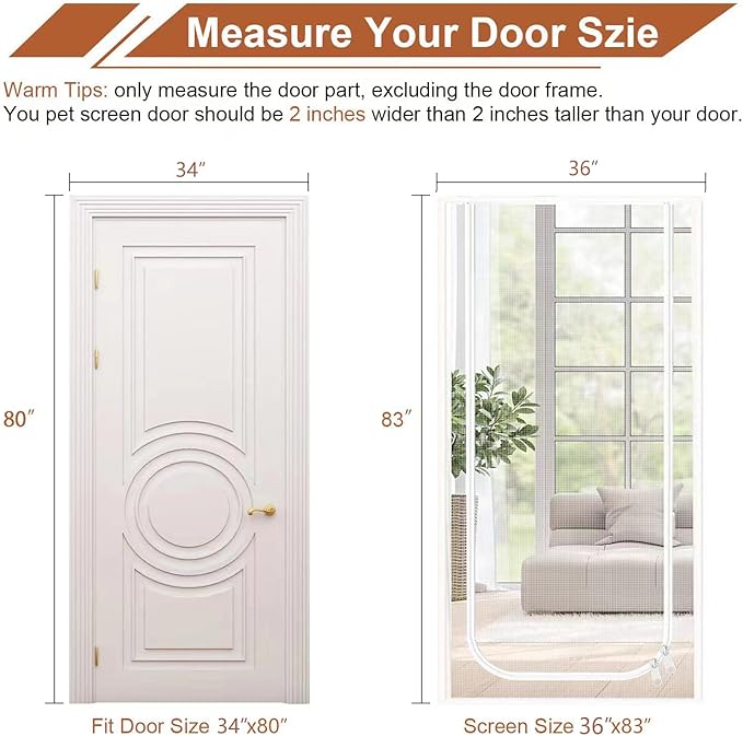 Dixutzi Reinforced Cat Screen Door Fits Door Size 34''x 80'', Heavy Duty Pets Proof Screen Door with Zipper, Prevent Dogs Cats Running Out from Home (White)
