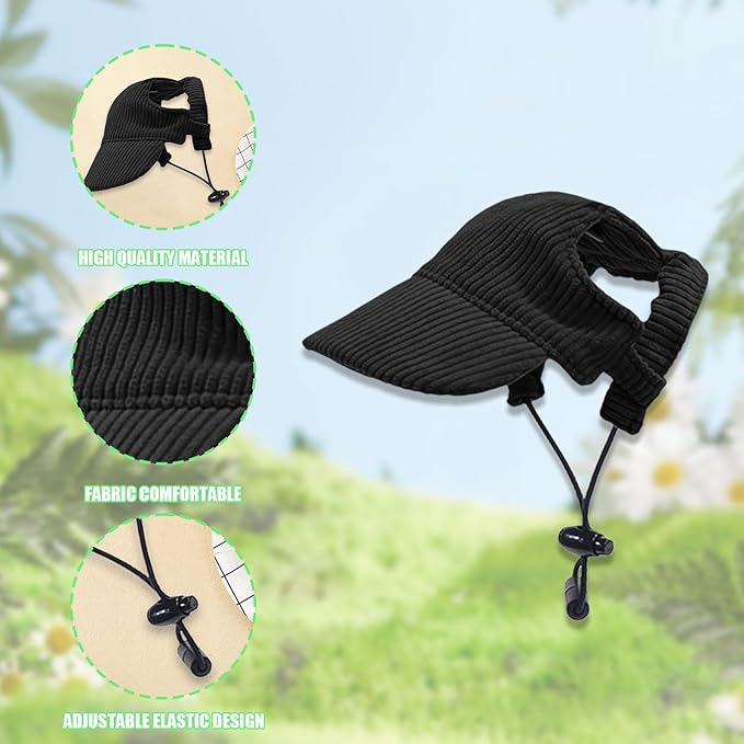 Dog Baseball Cap, Dog Cat Summer Beach Visor Hat with Ear Holes, Adjustable Puppy Sunbonnet Headdress (Black, X-Small)