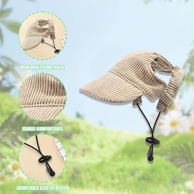 Dog Baseball Cap, Dog Cat Summer Beach Visor Hat with Ear Holes, Adjustable Puppy Sunbonnet Headdress (Khaki, Small)