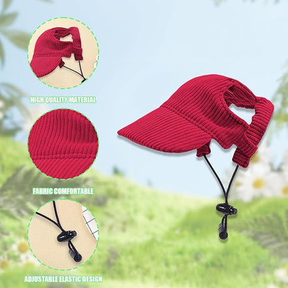 Dog Baseball Cap, Dog Cat Summer Beach Visor Hat with Ear Holes, Adjustable Puppy Sunbonnet Headdress (Red, Large)