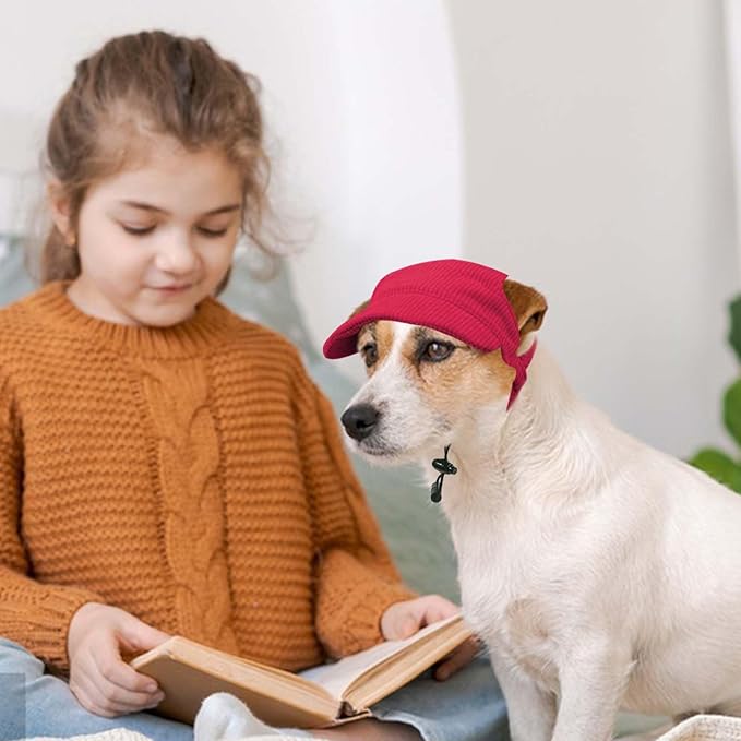 Dog Baseball Cap, Dog Cat Summer Beach Visor Hat with Ear Holes, Adjustable Puppy Sunbonnet Headdress (Red, Large)