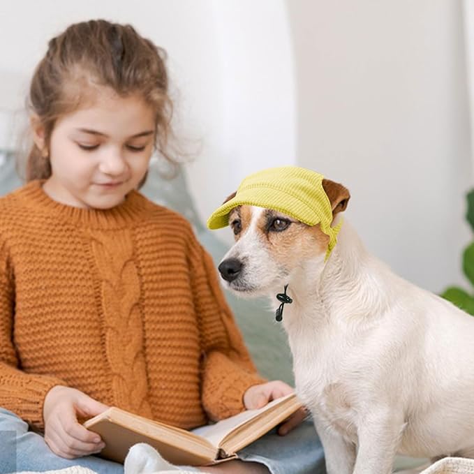 Dog Baseball Cap, Dog Cat Summer Beach Visor Hat with Ear Holes, Adjustable Puppy Sunbonnet Headdress (Yellow, Medium)