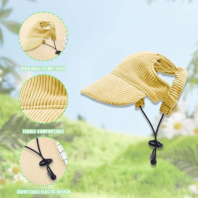 Dog Baseball Cap, Dog Cat Summer Beach Visor Hat with Ear Holes, Adjustable Puppy Sunbonnet Headdress (Yellow, Medium)
