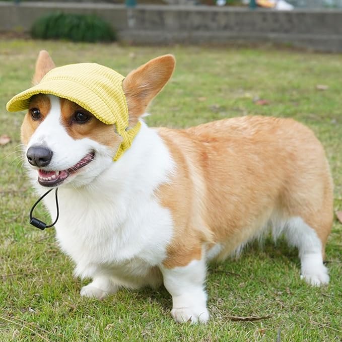 Dog Baseball Cap, Dog Cat Summer Beach Visor Hat with Ear Holes, Adjustable Puppy Sunbonnet Headdress (Yellow, Small)