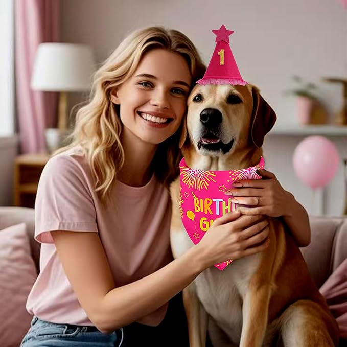 Dog Birthday Decorations Rose Pink, Dog Birthday Party Supplies with Hat Bandana Numbers for Large Medium Girl Pets Puppy