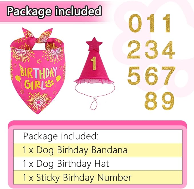 Dog Birthday Decorations Rose Pink, Dog Birthday Party Supplies with Hat Bandana Numbers for Large Medium Girl Pets Puppy