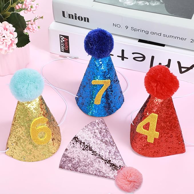 Dog Birthday Hat, 4 Pcs Birthday Hat for Dogs with 0-9 Numbers Cute Party Hats for Dogs Cats for Holiday Wedding Puppies Kittens Costume Accessories (Red Pink Blue Gold)