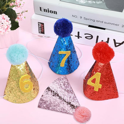 Dog Birthday Hat, 4 Pcs Birthday Hat for Dogs with 0-9 Numbers Cute Party Hats for Dogs Cats for Holiday Wedding Puppies Kittens Costume Accessories (Red Pink Blue Gold)