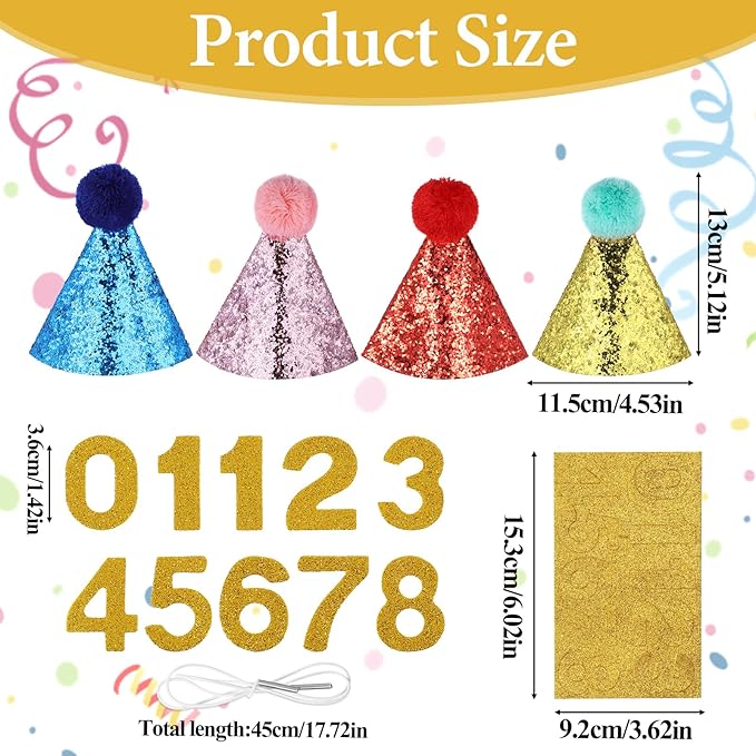 Dog Birthday Hat, 4 Pcs Birthday Hat for Dogs with 0-9 Numbers Cute Party Hats for Dogs Cats for Holiday Wedding Puppies Kittens Costume Accessories (Red Pink Blue Gold)