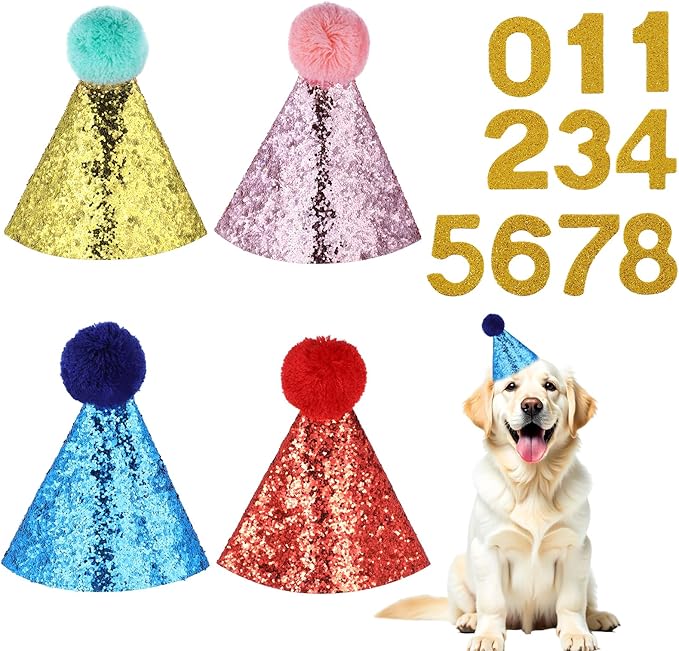 Dog Birthday Hat, 4 Pcs Birthday Hat for Dogs with 0-9 Numbers Cute Party Hats for Dogs Cats for Holiday Wedding Puppies Kittens Costume Accessories (Red Pink Blue Gold)