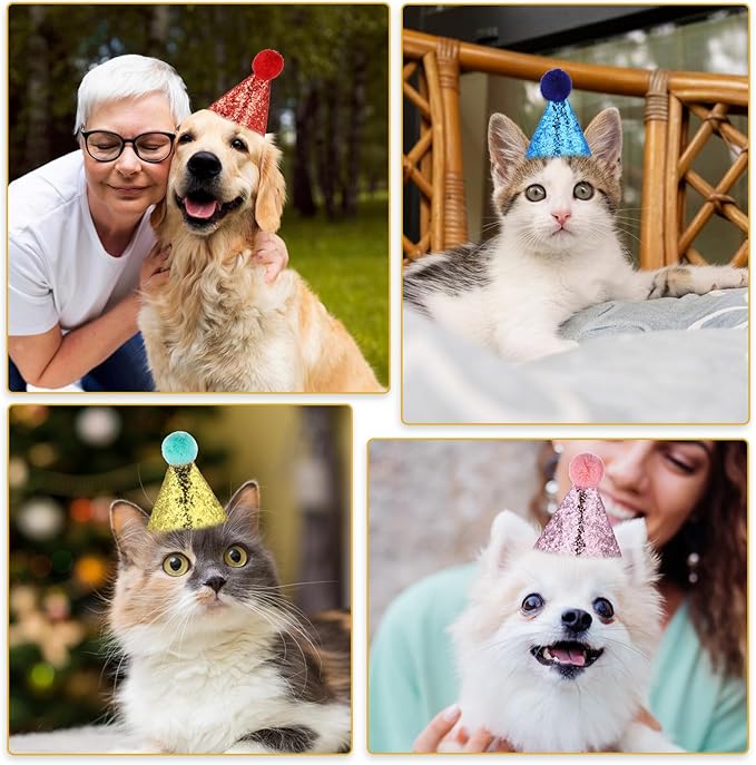 Dog Birthday Hat, 4 Pcs Birthday Hat for Dogs with 0-9 Numbers Cute Party Hats for Dogs Cats for Holiday Wedding Puppies Kittens Costume Accessories (Red Pink Blue Gold)