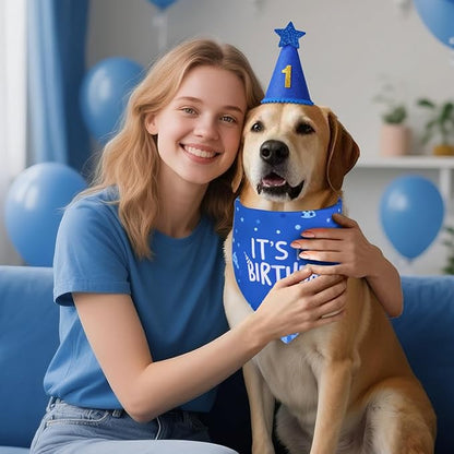 Dog Birthday Party Supplies, Blue Dog Birthday Set with Hat Bandana Numbers for Small Boy Pets Puppy