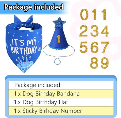 Dog Birthday Party Supplies, Blue Dog Birthday Set with Hat Bandana Numbers for XLarge Large Boy Pets Puppy
