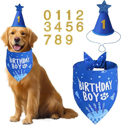 Dog Birthday Party Supplies, Blue Dog Birthday Set with Hat Bandana Numbers for XLarge Large Boy Pets Puppy