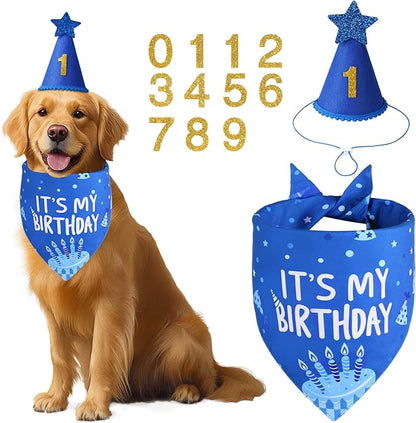 Dog Birthday Party Supplies, Blue Dog Birthday Set with Hat Bandana Numbers for XLarge Large Boy Pets Puppy