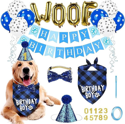 Dog Birthday Party Supplies, Dog Birthday Bandana Hat Banner Set, WOOF Balloons Happy Birthday Banner, Pet Supplies for Pet Puppy Cat Birthday Party Decorations Pink
