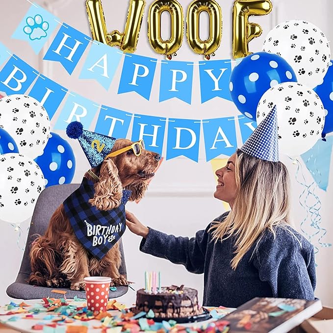 Dog Birthday Party Supplies, Dog Birthday Bandana Hat Banner Set, WOOF Balloons Happy Birthday Banner, Pet Supplies for Pet Puppy Cat Birthday Party Decorations Pink