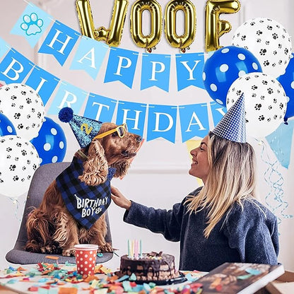 Dog Birthday Party Supplies, Dog Birthday Bandana Hat Banner Set, WOOF Balloons Happy Birthday Banner, Pet Supplies for Pet Puppy Cat Birthday Party Decorations Pink