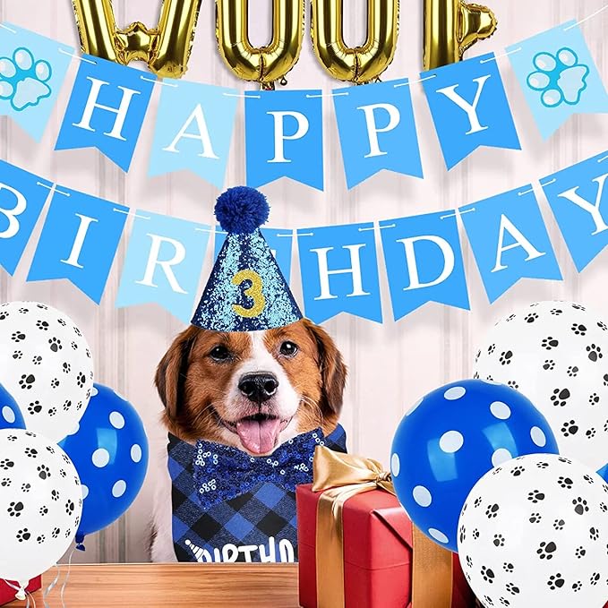 Dog Birthday Party Supplies, Dog Birthday Bandana Hat Banner Set, WOOF Balloons Happy Birthday Banner, Pet Supplies for Pet Puppy Cat Birthday Party Decorations Pink