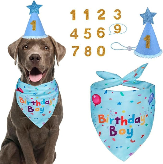Dog Birthday Party Supplies, Dog Birthday Bandana Set, Dog Boy Girl Birthday Party Hat with Numbers for Large Medium Small Dogs Pet (Blue)