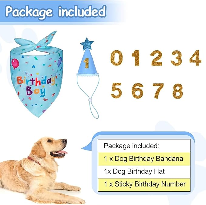 Dog Boy Girl Birthday Party Hat, Dog Birthday Party Supplies, Birthday Bandana Set with Numbers for Gaint and Extra Large Dogs (Blue)