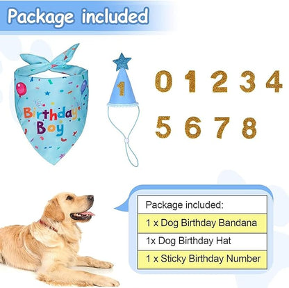 Dog Boy Girl Birthday Party Hat, Dog Birthday Party Supplies, Birthday Bandana Set with Numbers for Gaint and Extra Large Dogs (Blue)