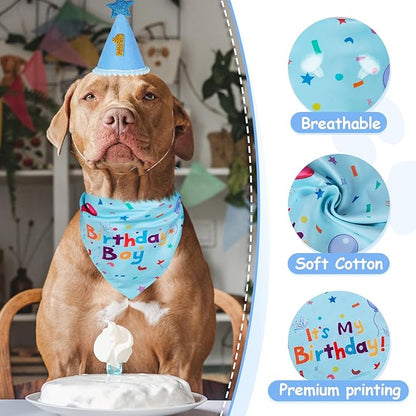 Dog Boy Girl Birthday Party Hat, Dog Birthday Party Supplies, Birthday Bandana Set with Numbers for Gaint and Extra Large Dogs (Blue)