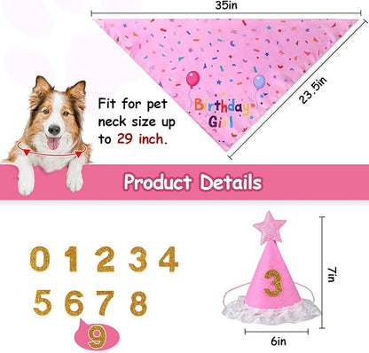 Dog Boy Girl Birthday Party Hat, Dog Birthday Party Supplies, Doggie Birthday Bandana Set with Numbers for Gaint and Extra Large Puppy (Pink)
