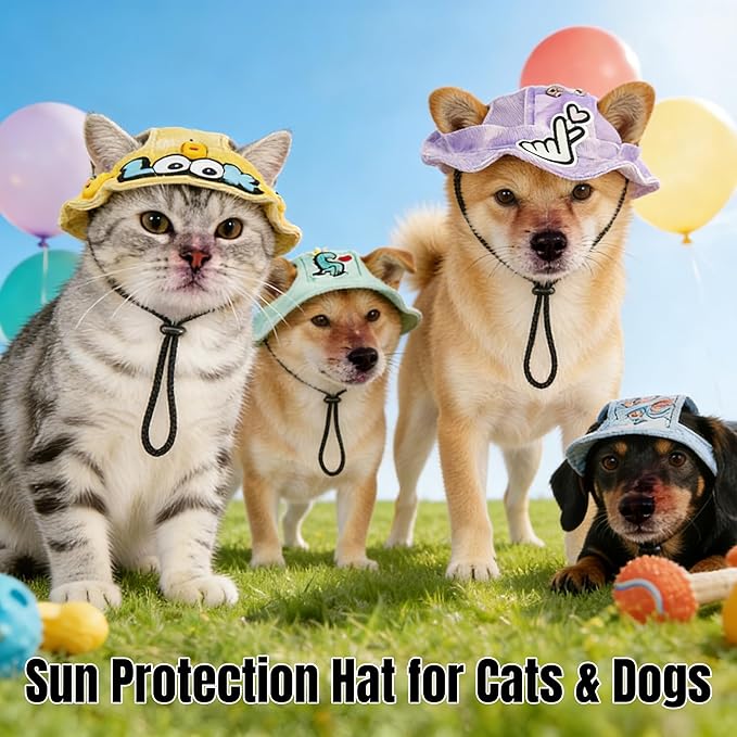 Dog Bucket hat,cat hat, Bucket hat for Dogs with Ear Holes, Bucket hat for Dogs,Hats for Cats,Cat Sun hat Keep Your Pets Sun-Protected, Cool, Stylish and Beautiful. (Blue&Pattern, S)