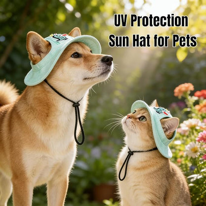 Dog Bucket hat,cat hat, Bucket hat for Dogs with Ear Holes, Bucket hat for Dogs,Hats for Cats,Cat Sun hat Keep Your Pets Sun-Protected, Cool, Stylish and Beautiful. (Green&Pattern, M)