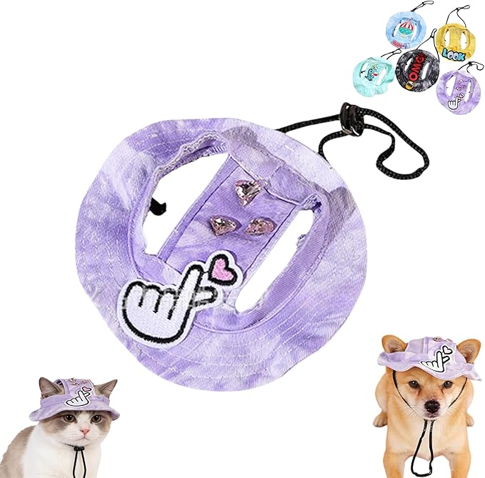 Dog Bucket hat,cat hat, Bucket hat for Dogs with Ear Holes, Bucket hat for Dogs,Hats for Cats,Cat Sun hat Keep Your Pets Sun-Protected, Cool, Stylish and Beautiful. (Purple&Pattern, L)