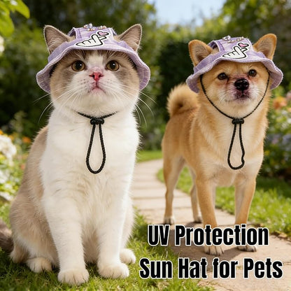 Dog Bucket hat,cat hat, Bucket hat for Dogs with Ear Holes, Bucket hat for Dogs,Hats for Cats,Cat Sun hat Keep Your Pets Sun-Protected, Cool, Stylish and Beautiful. (Purple&Pattern, L)