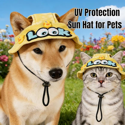 Dog Bucket hat,cat hat, Bucket hat for Dogs with Ear Holes, Bucket hat for Dogs,Hats for Cats,Cat Sun hat Keep Your Pets Sun-Protected, Cool, Stylish and Beautiful. (Yellow&Pattern, M)