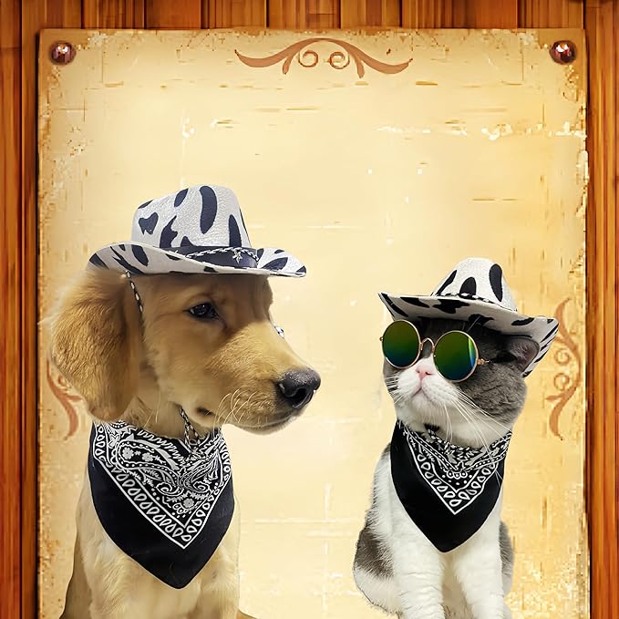 Dog Cowboy Costume Pet Cowboy Hat for Pet Dogs Cat Cowboy Hat with Bandana Scarf Set Party Accessories (Black)