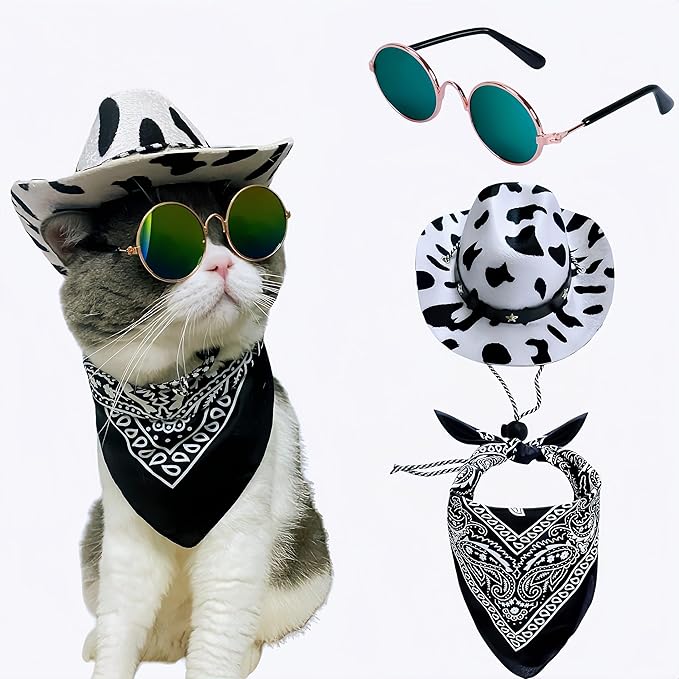 Dog Cowboy Costume Pet Cowboy Hat for Pet Dogs Cat Cowboy Hat with Bandana Scarf Set Party Accessories (Black)