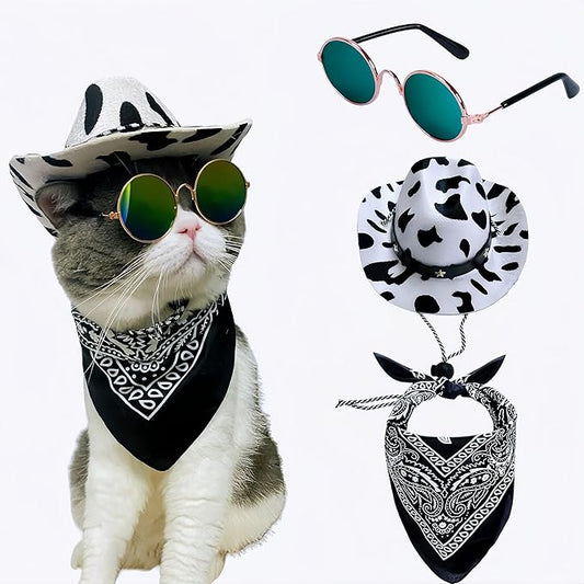 Dog Cowboy Costume Pet Cowboy Hat for Pet Dogs Cat Cowboy Hat with Bandana Scarf Set Party Accessories (Black)