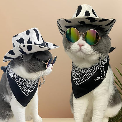 Dog Cowboy Costume Pet Cowboy Hat for Pet Dogs Cat Cowboy Hat with Bandana Scarf Set Party Accessories (Black)