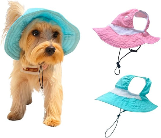 Dog Outdoor Hat with Ear Hole Round Brim Summer Dog Puppy Cat Suncare Cooling Bucket Hat Cute Active Sun Protection Pet Caps (Blue, Medium)