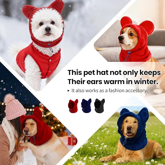 Dog Snood Winter Hood with Ear Protection, Fleece Neck Warmer for Dogs, (Black, Large)