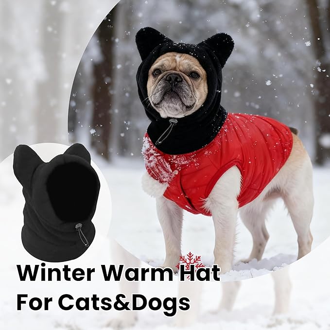 Dog Snood Winter Hood with Ear Protection, Fleece Neck Warmer for Dogs, (Black, Large)