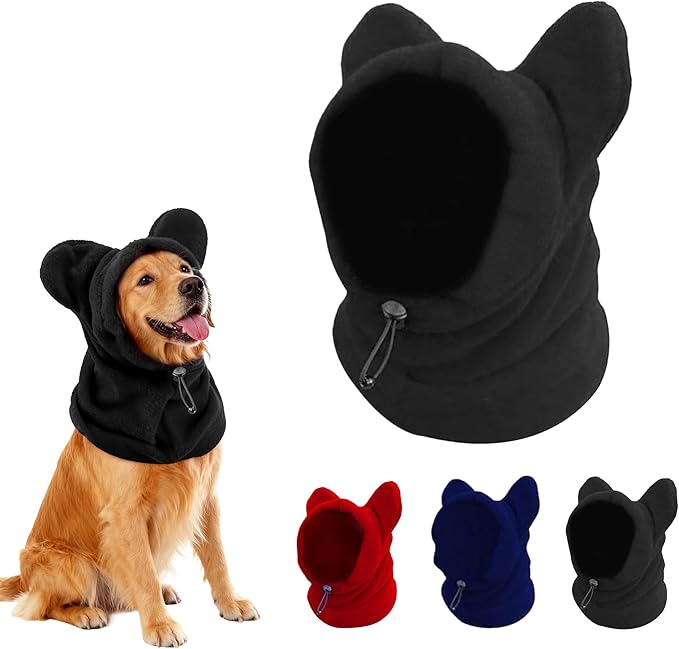 Dog Snood Winter Hood with Ear Protection, Fleece Neck Warmer for Dogs, (Black, Large)