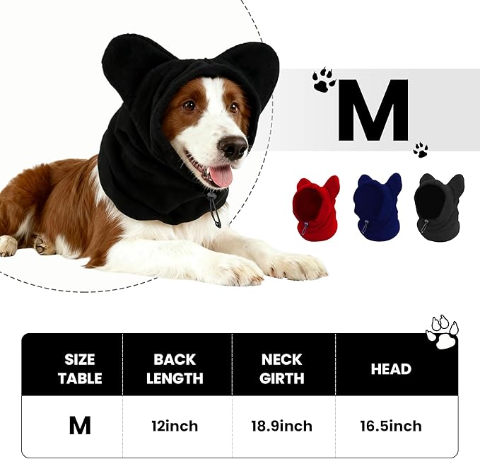 Dog Snood Winter Hood with Ear Protection, Fleece Neck Warmer for Dogs, (Black, Medium)