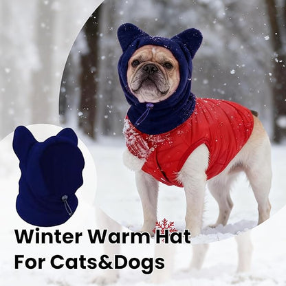 Dog Snood Winter Hood with Ear Protection, Fleece Neck Warmer for Dogs, (Blue, Large)