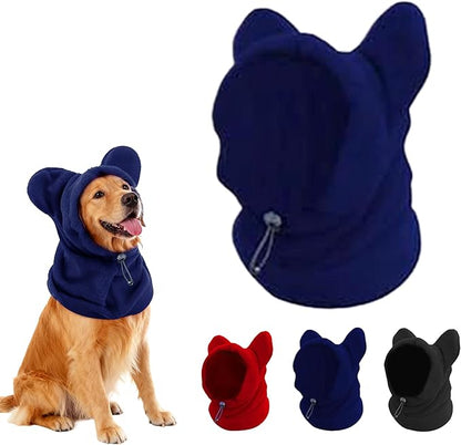 Dog Snood Winter Hood with Ear Protection, Fleece Neck Warmer for Dogs, (Blue, Large)