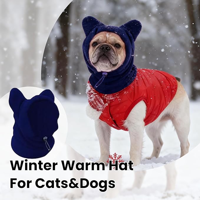 Dog Snood Winter Hood with Ear Protection, Fleece Neck Warmer for Dogs, (Blue, Small)