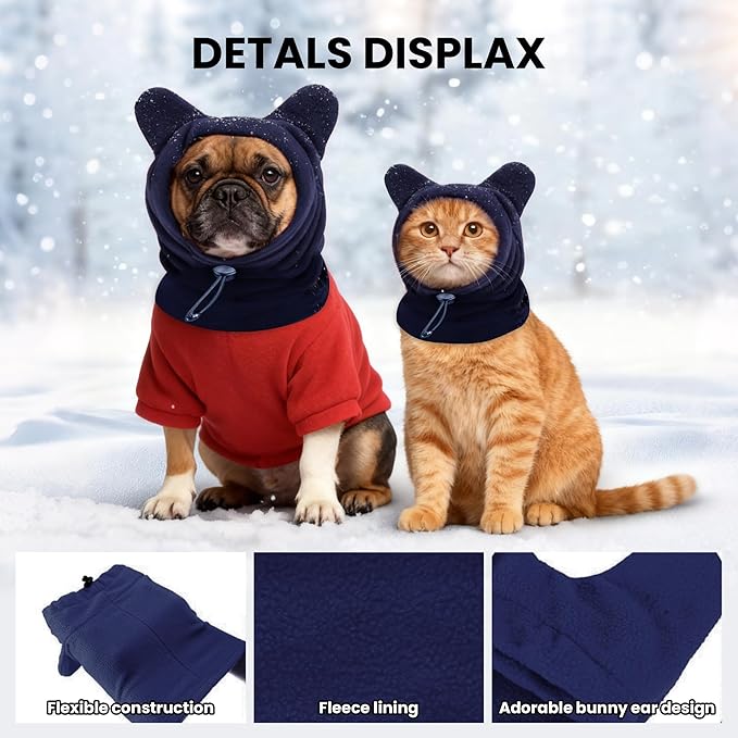 Dog Snood Winter Hood with Ear Protection, Fleece Neck Warmer for Dogs, (Blue, Small)