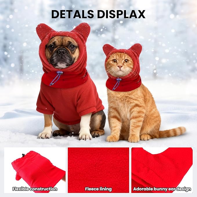 Dog Snood Winter Hood with Ear Protection, Fleece Neck Warmer for Dogs, (Red, Large)